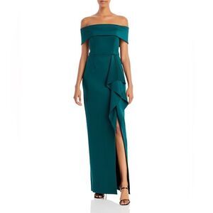 -AQUA WOMEN'S OFF THE SHOULDER CASCADE GOWN HUNTER GREEN SIZE 4 DRESS